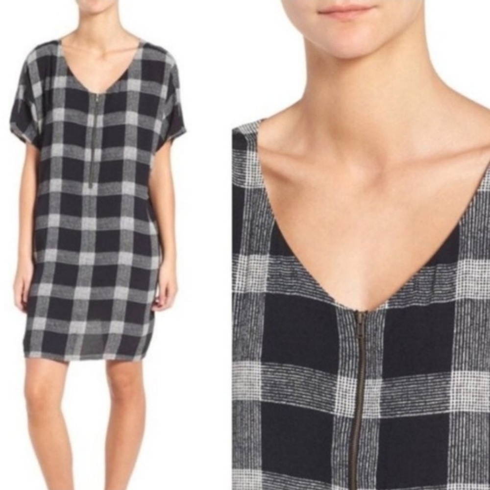 Madewell Dress Black‎ White Buffalo Check Plaid Zip Front Tunic Mini Size XXS